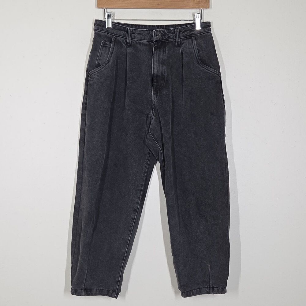 Zara Washed Black Barrel Relaxed Tapered Leg Jeans 6 Cotton High Rise Grunge